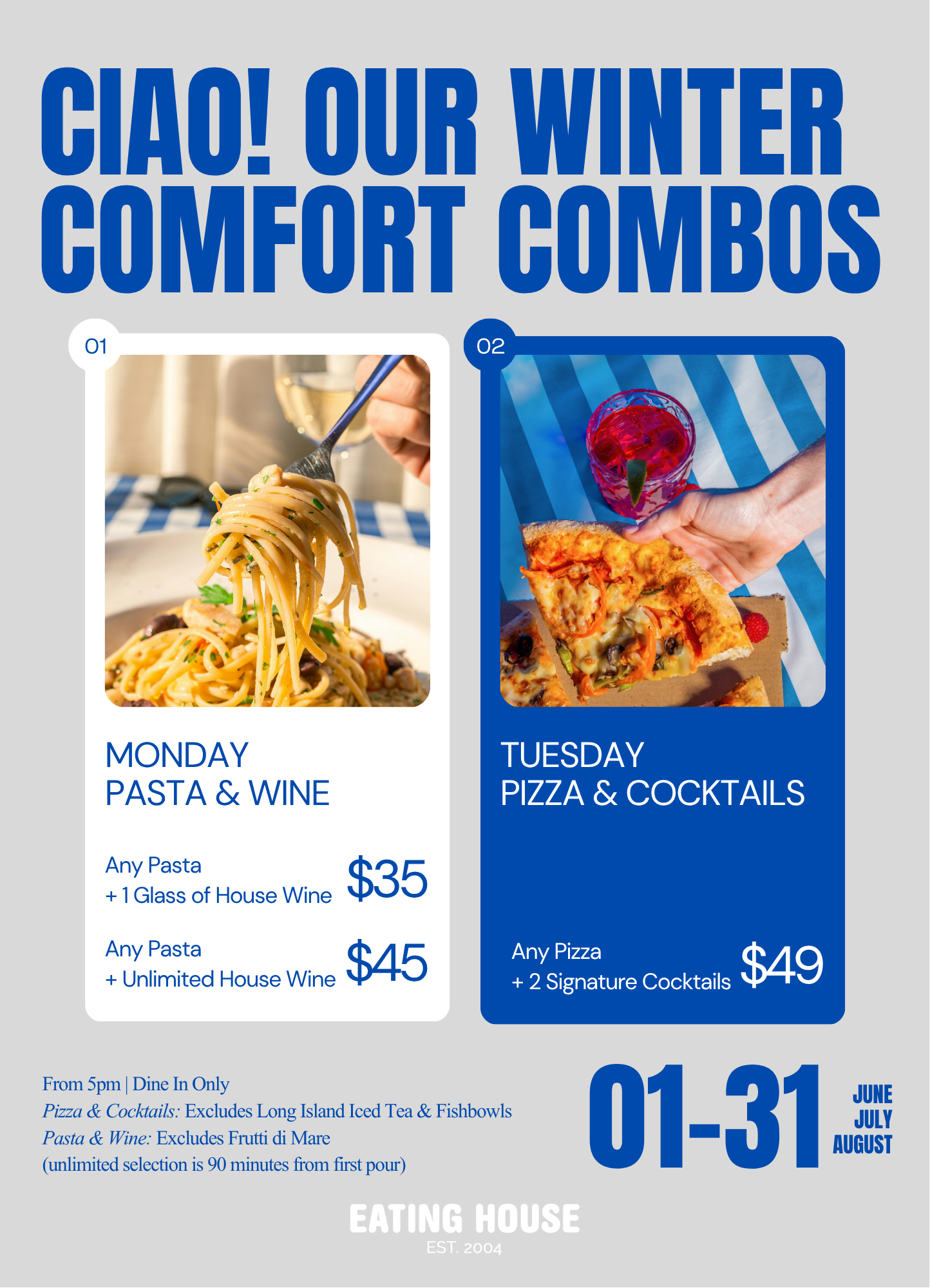 Monday Pasta & Wine + Tuesday Pizza & Cocktails